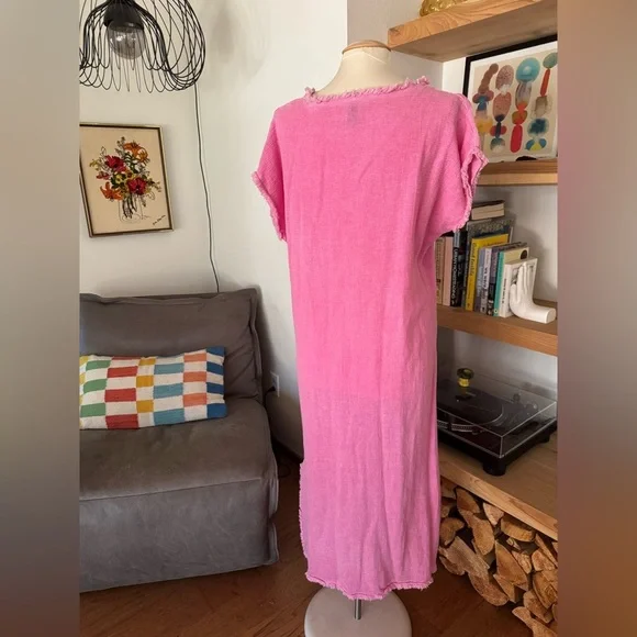 Venti6 Italian linen/cotton Bubblegum Pink Frayed Hem Maxi Dress - Picture 3 of 8